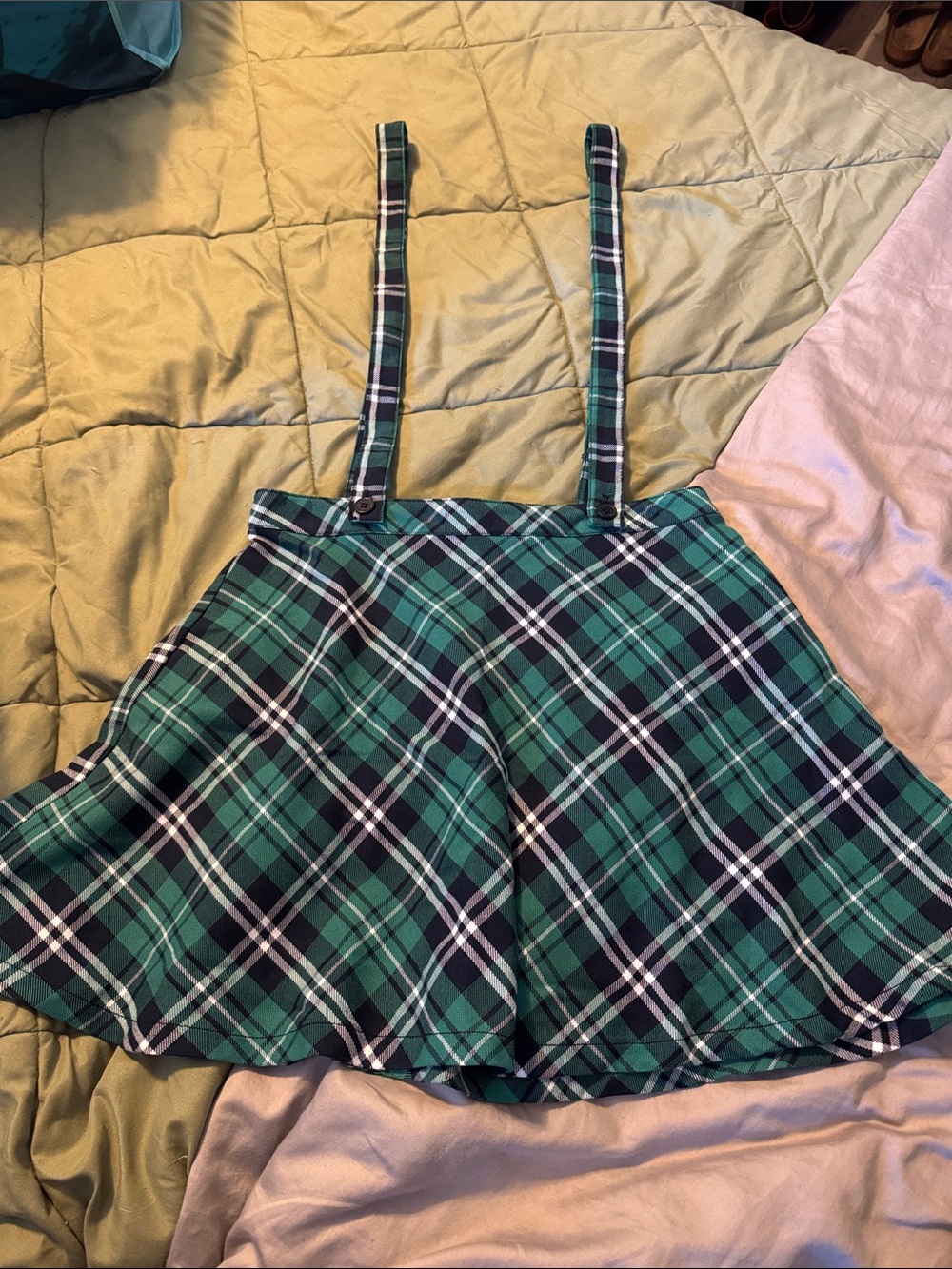 Green Plaid Suspender Skirt for Women